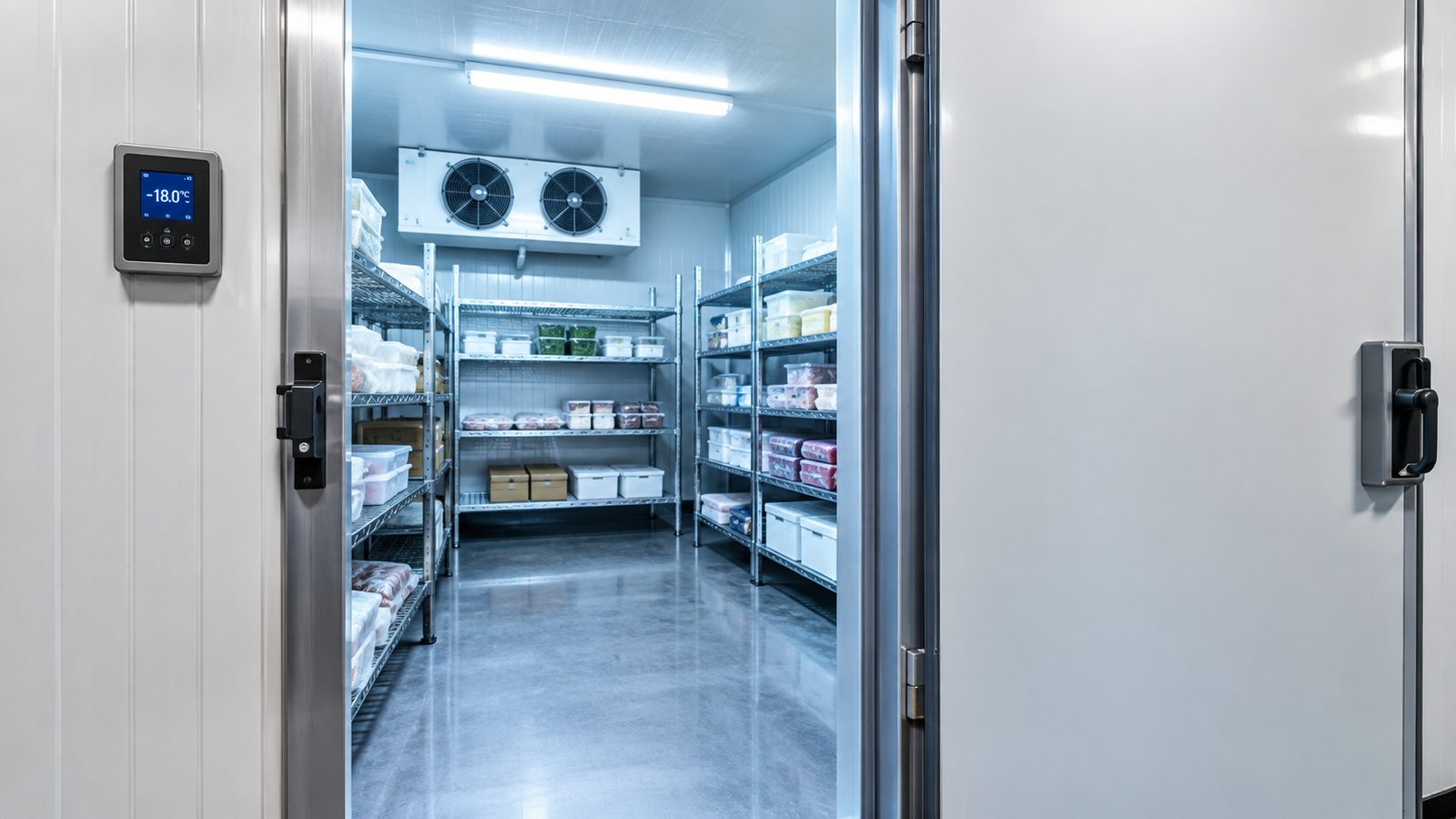 Cámara frigorífica industrial abierta con producto almacenado