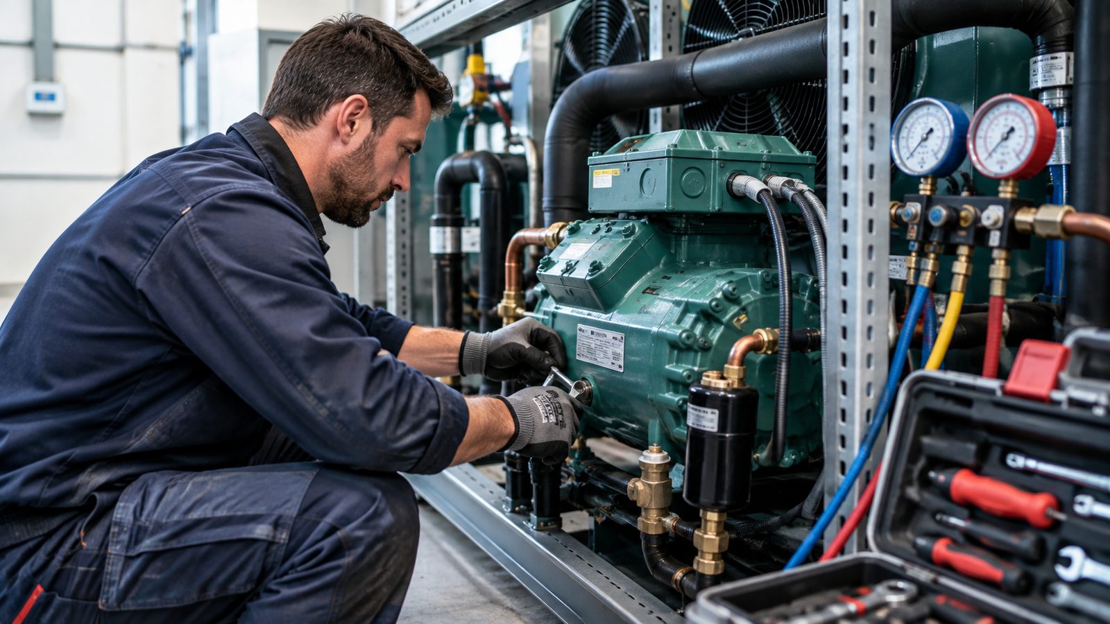 Técnico revisando un compresor de frío industrial